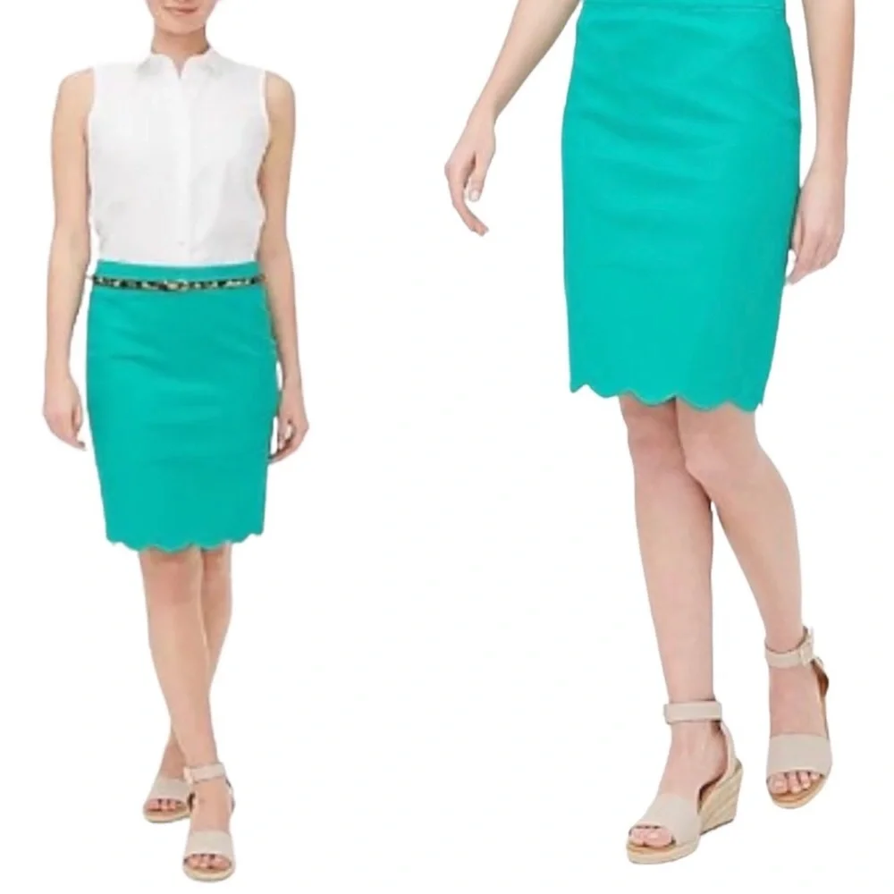 J. Crew Green Pencil Scalloped Hem Skirt